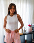 Women Summer Pajama set Off White Top + Pink X Orange Stripes Shorts